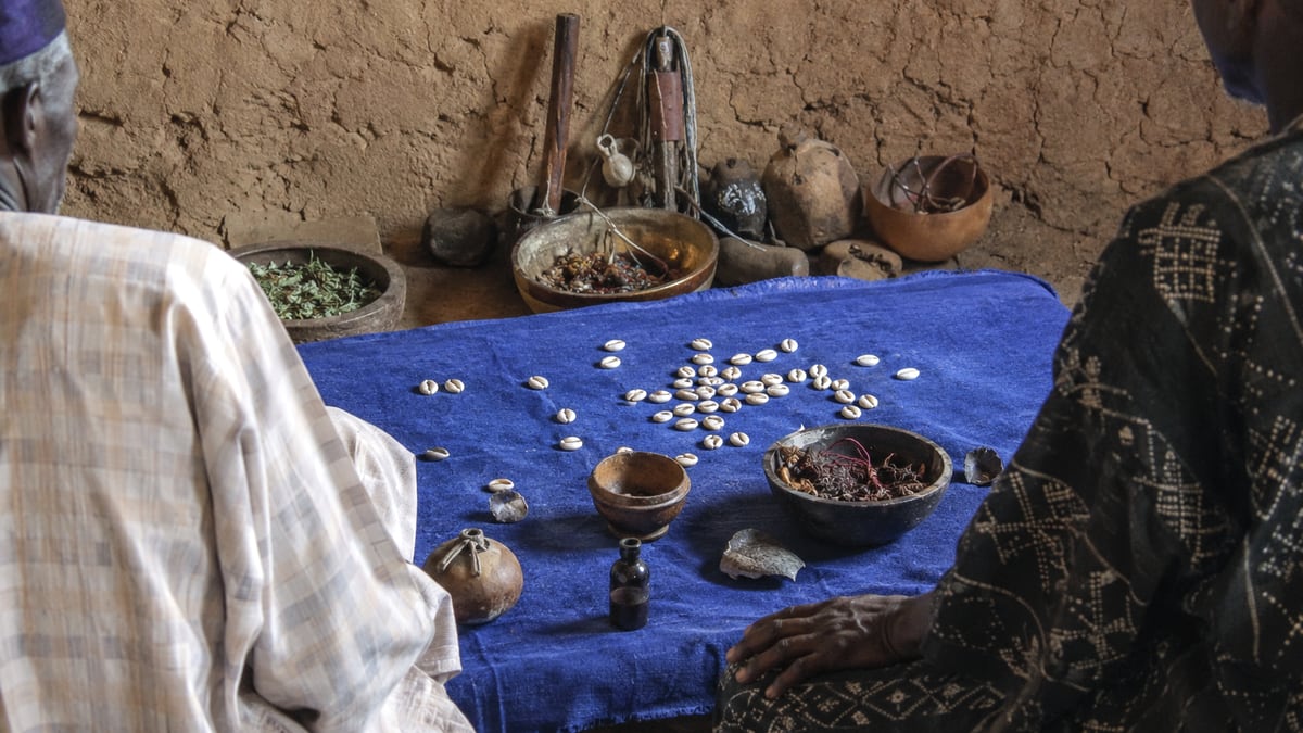 Cauris de divination disposés sur une étoffe bleue, en pleine lumière